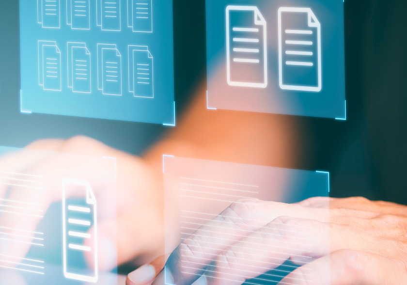 Pessoa interagindo com arquivos digitais e documentos flutuantes em ambiente virtual, representando a organização de documentos digitais.